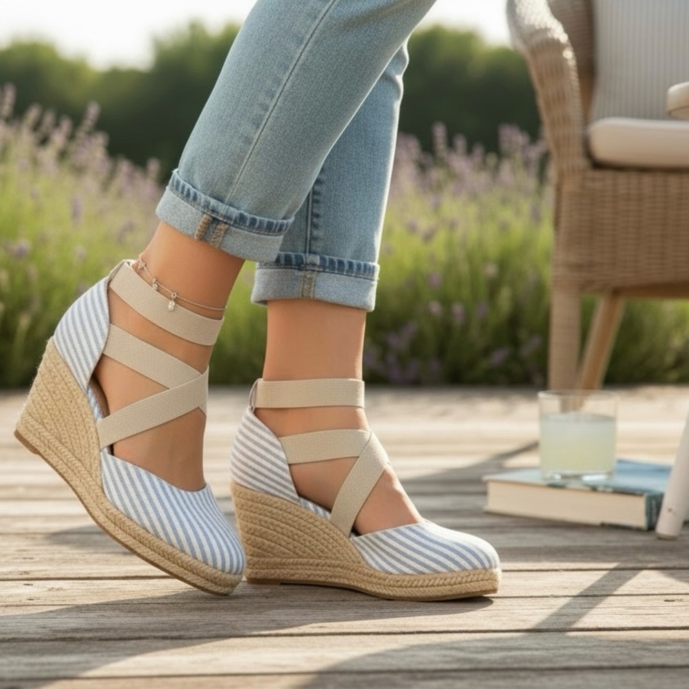 Violet & Red Lynda Blue and White Stripe Espadrille Wedge with Ankle Strap